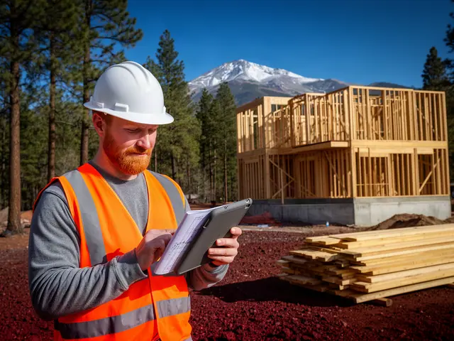 A builder in a white hard hat and orange vest checks plans and a tablet at a timber-framed house site.