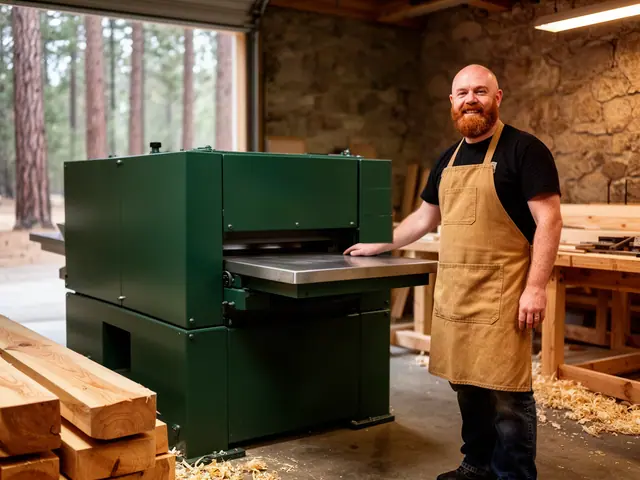 A smiling bearded woodworker in a tan apron rests a hand on a green industrial planer in his shop.