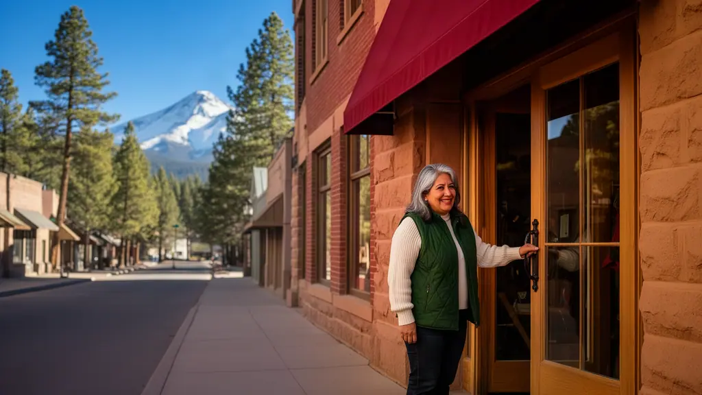 A smiling woman in a green vest opens the wood-framed door of her shop on a sandstone-and-brick street with pines and a snowy peak.