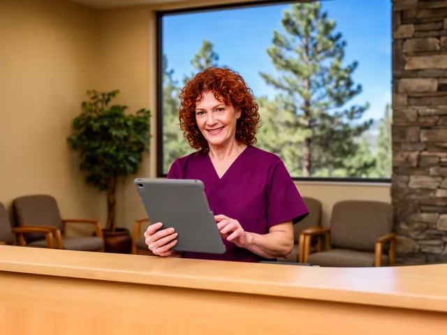 A smiling woman with curly auburn hair in plum scrubs holding a tablet at a clinic reception desk.