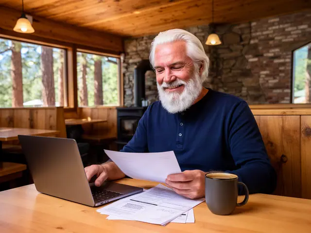 A smiling white-bearded man reviewing papers and a laptop in a pine-panelled cafe with a wood stove.
