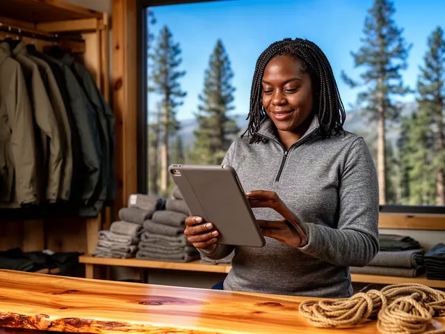 A smiling woman in a grey pullover reviews a tablet behind a live-edge wood counter in an outdoor-gear shop.