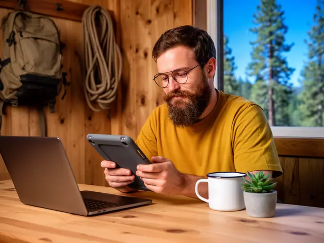 A bearded man in glasses reviews a tablet at a pine desk with a laptop, enamel mug and succulent.