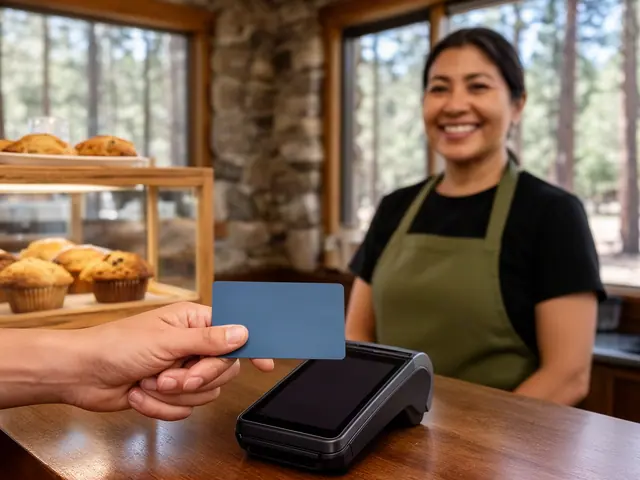 A customer taps a blue card on a countertop card terminal at a coffee shop counter.