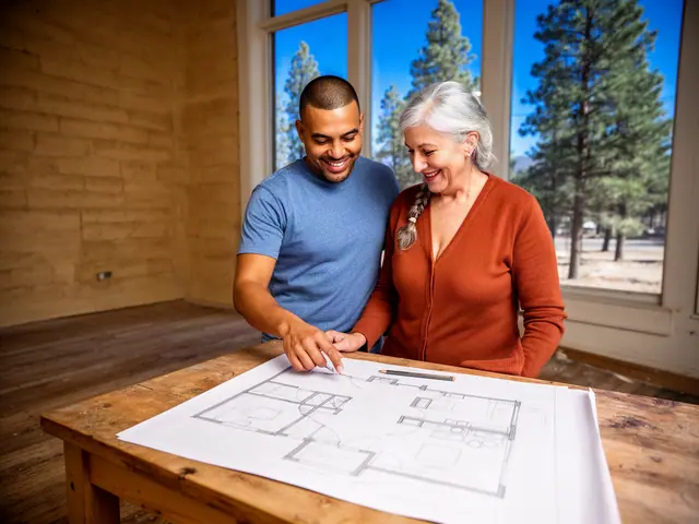 Two smiling business partners leaning over a hand-drawn floor plan on a wooden table by tall windows.